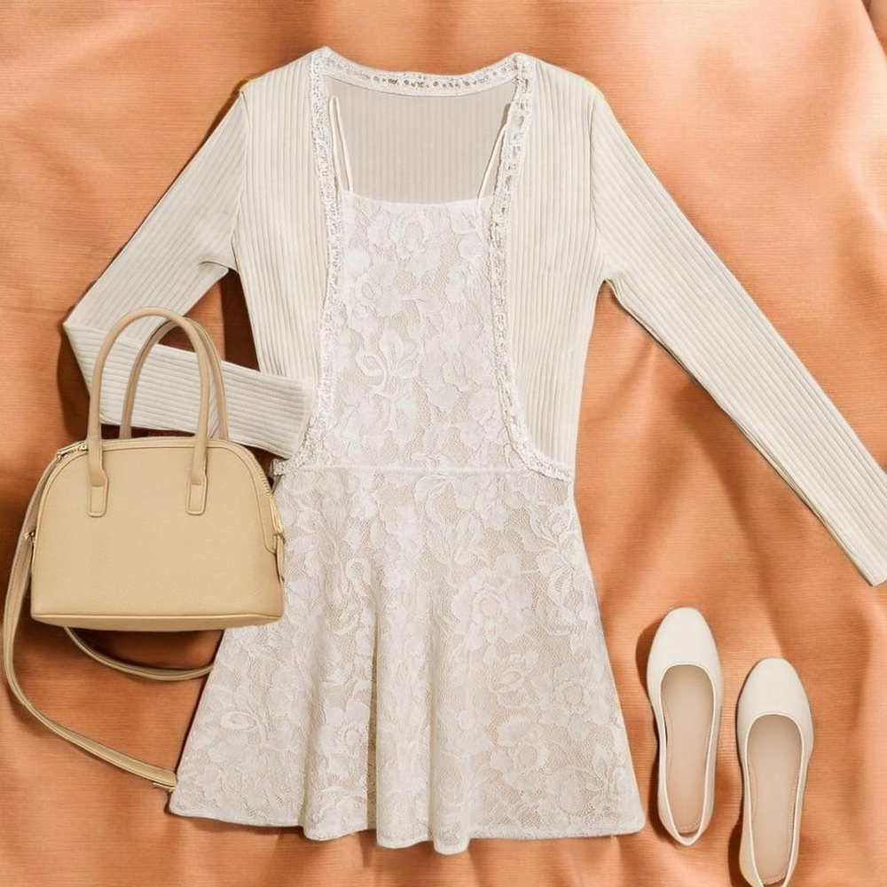 Windsor Cream Lace Skater Dress with Lace Trim Cardigan